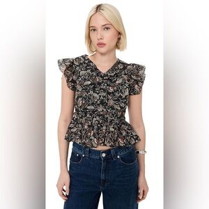 Rails Cali Cassia Floral Flutter Sleeve Peplum Top XS Black 100% Cotton